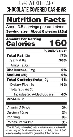 Wicked Dark Chocolate Covered Cashews - 87% Dark Chocolate